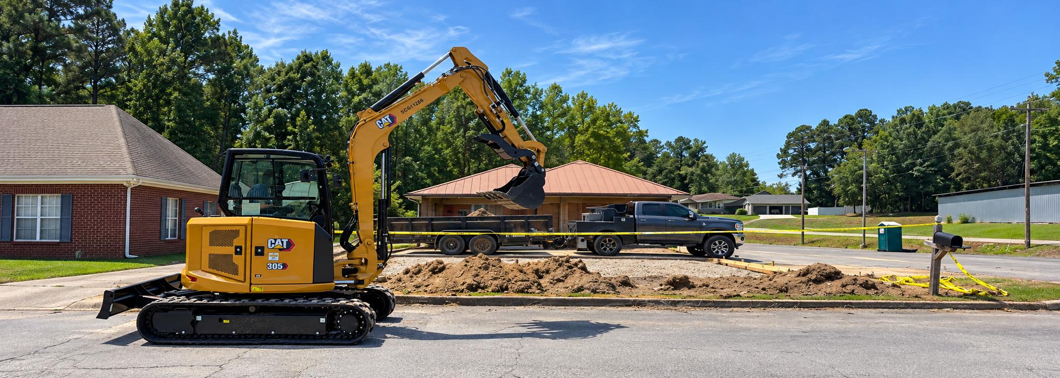 Tracked excavator beside a dump trailer and pickup at a residential excavation jobsite