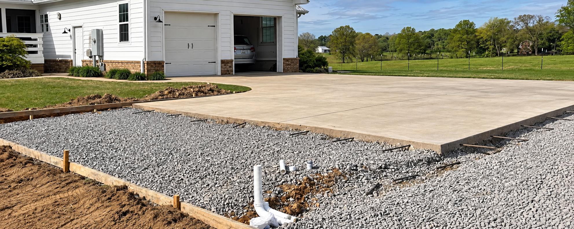 Gravel base and wooden forms prepared for a concrete driveway extension beside a home