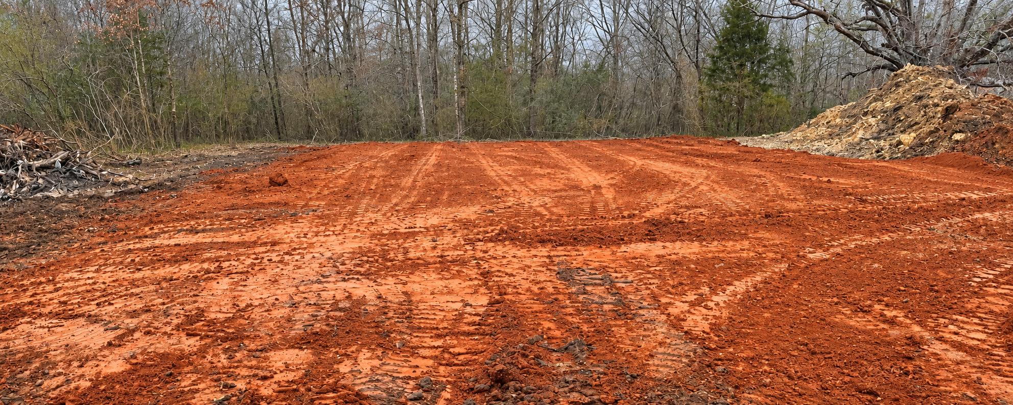 Graded red-clay building pad with equipment tracks beside a wooded property boundary