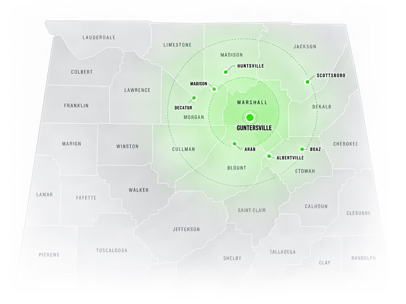 Pro-Crete Solutions service area map showing Guntersville, Marshall County and surrounding Northeast Alabama communities