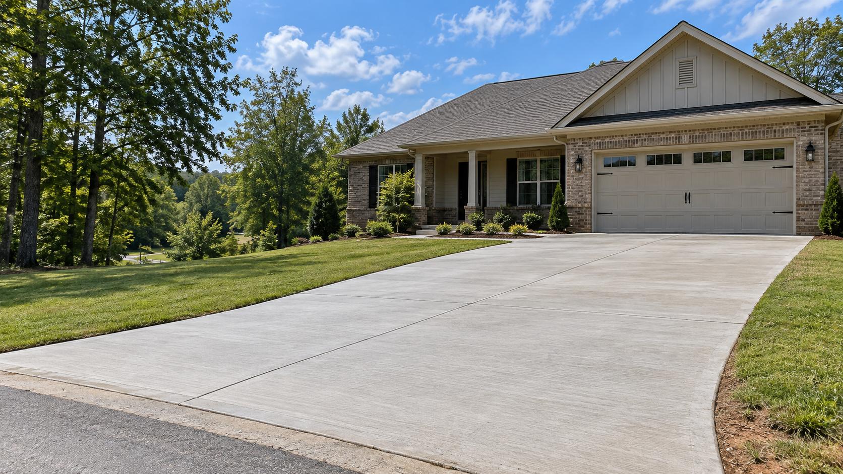 Concrete driveway leading to a brick home with a two-car garage